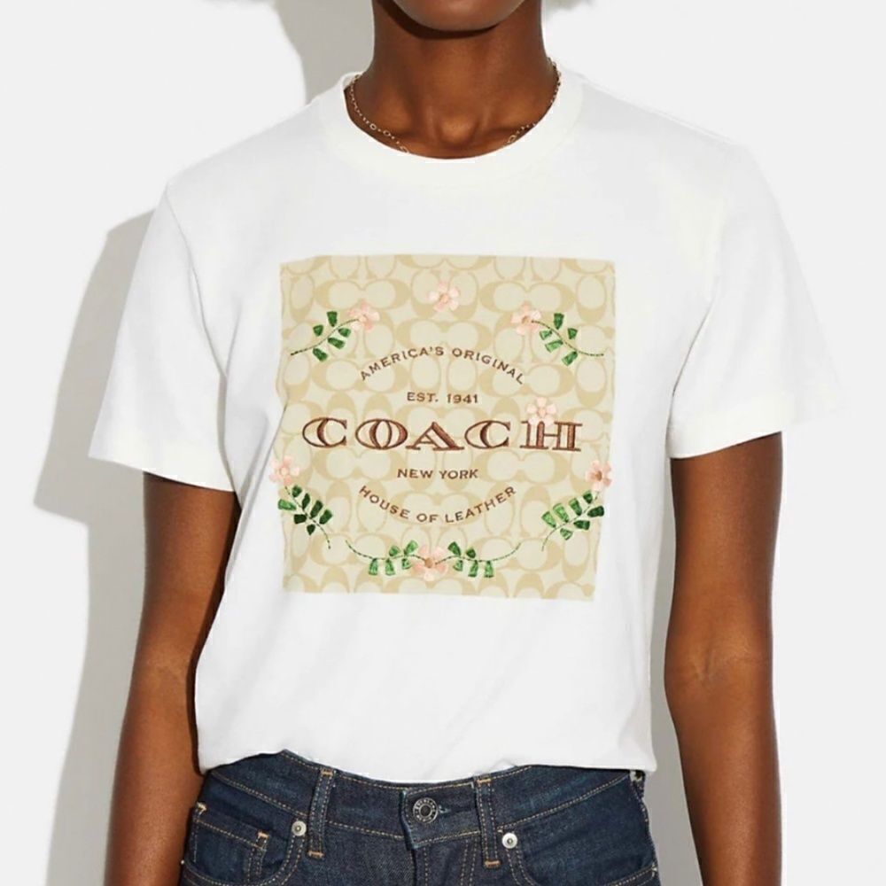 Nwt Coach Signature Embossed Floral Design White Woman T-Shirt Size L New Wi